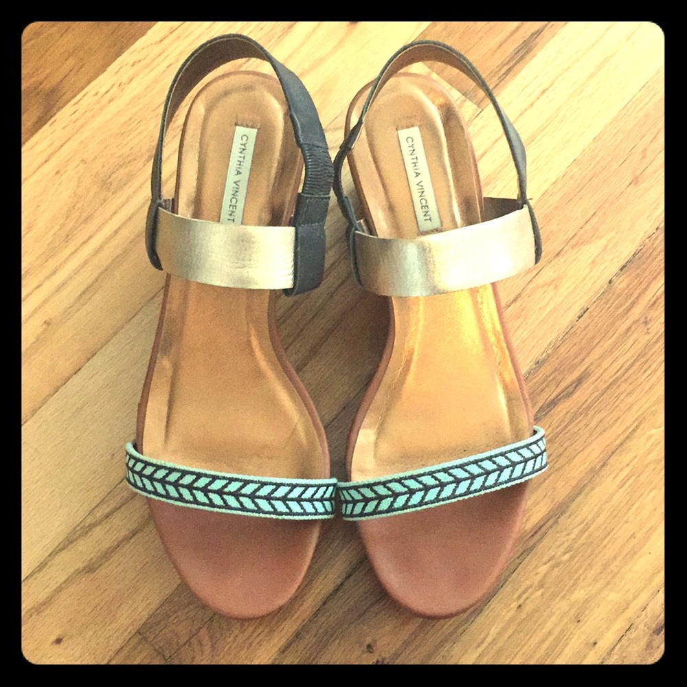 Cynthia Vincent Tan Leather Wedge Sandals with Gold and Light Blue Accents